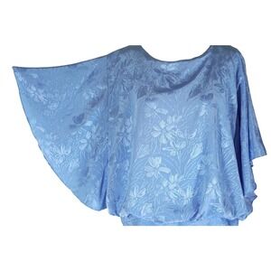 Vtg Dress Butterfly Sleeve Blue Floral Jaquard Silky Fabric Drop Waist Ruched